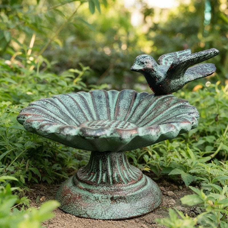 Verdigris Sunflower Bird Bath, Cast Iron Pedestal Feeder