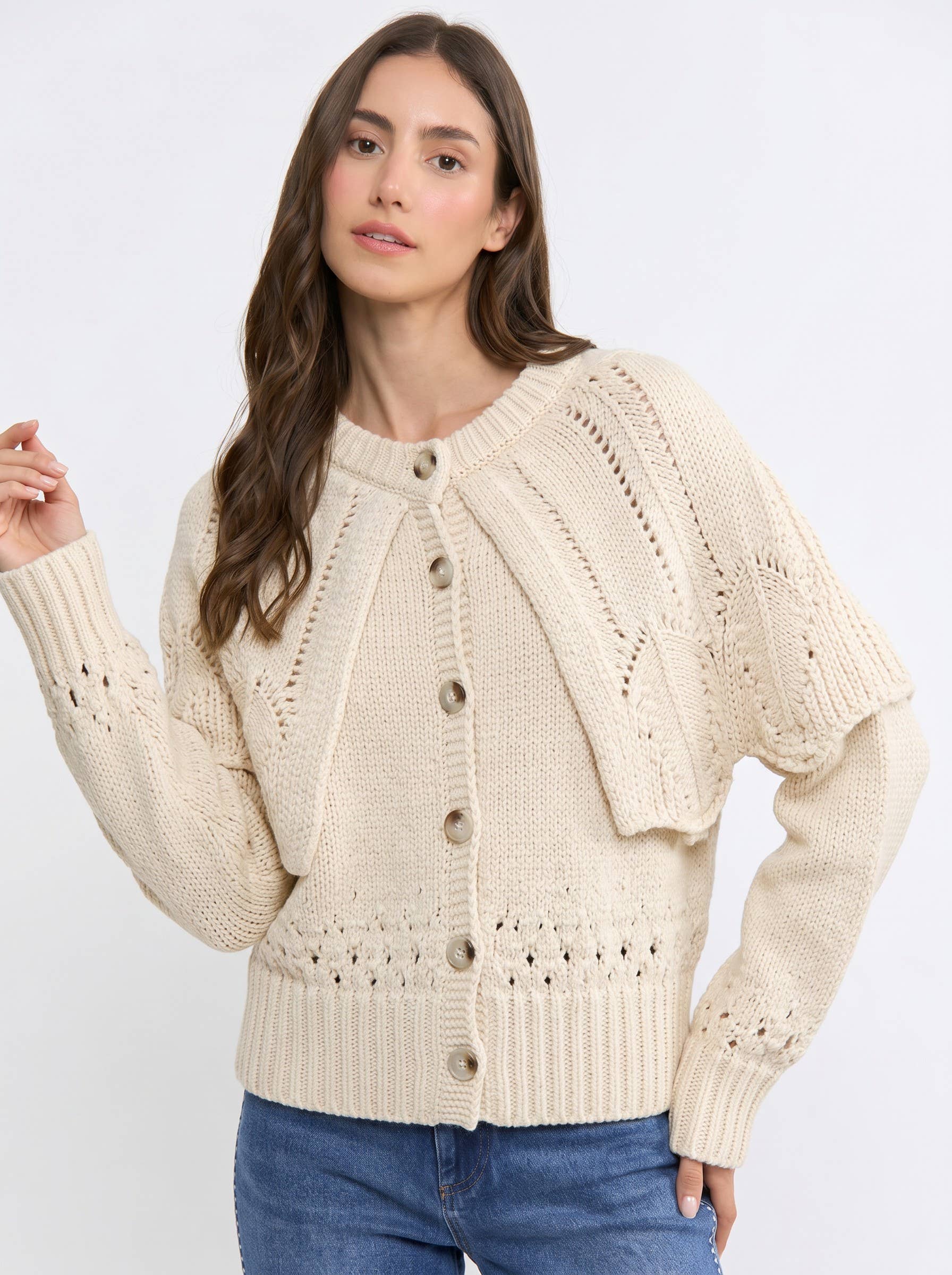 Button-Up Knit Ruffled Capelet Cardigan