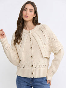Button-Up Knit Ruffled Capelet Cardigan