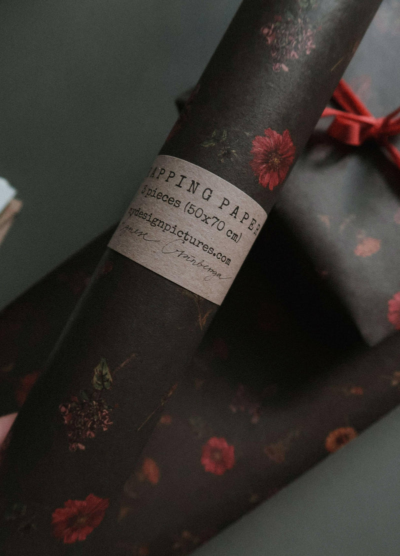 Set Of 3 Pieces Florals on dark green Kraft Wrapping Paper.