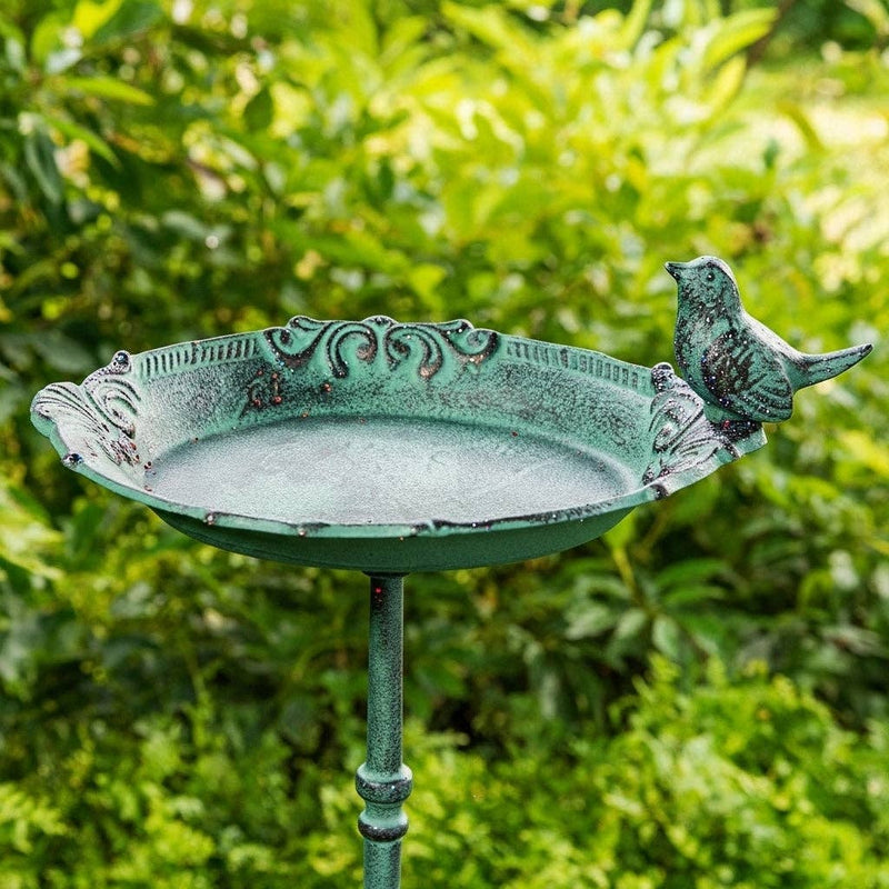 Pedestal Bird Bath Cast Iron Green Patina Garden Decor
