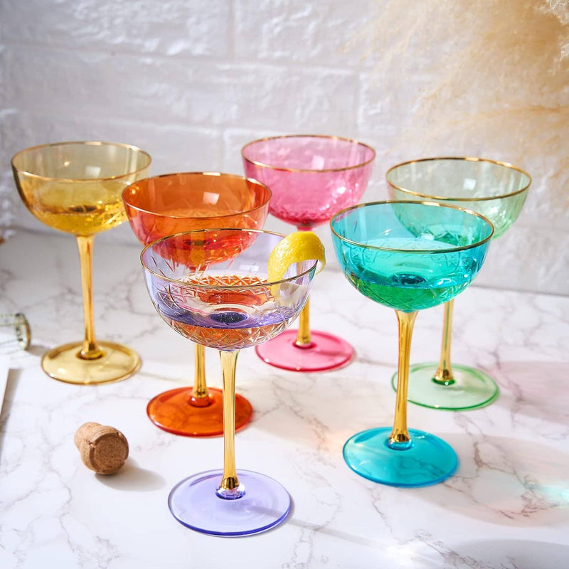 Colored Coupe Art Deco Glasses | Set of 6 | 7.3 oz Classic
