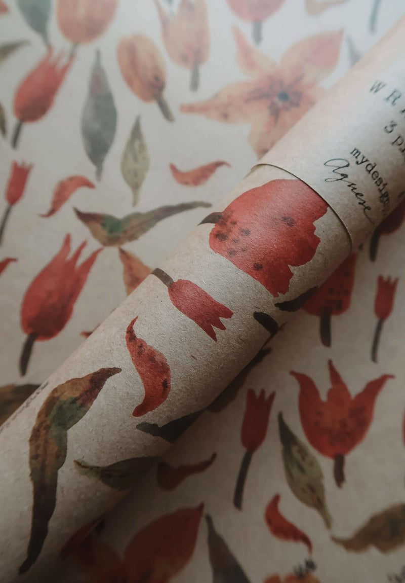 Set Of 3 Pieces TULIPS Kraft Wrapping Paper.