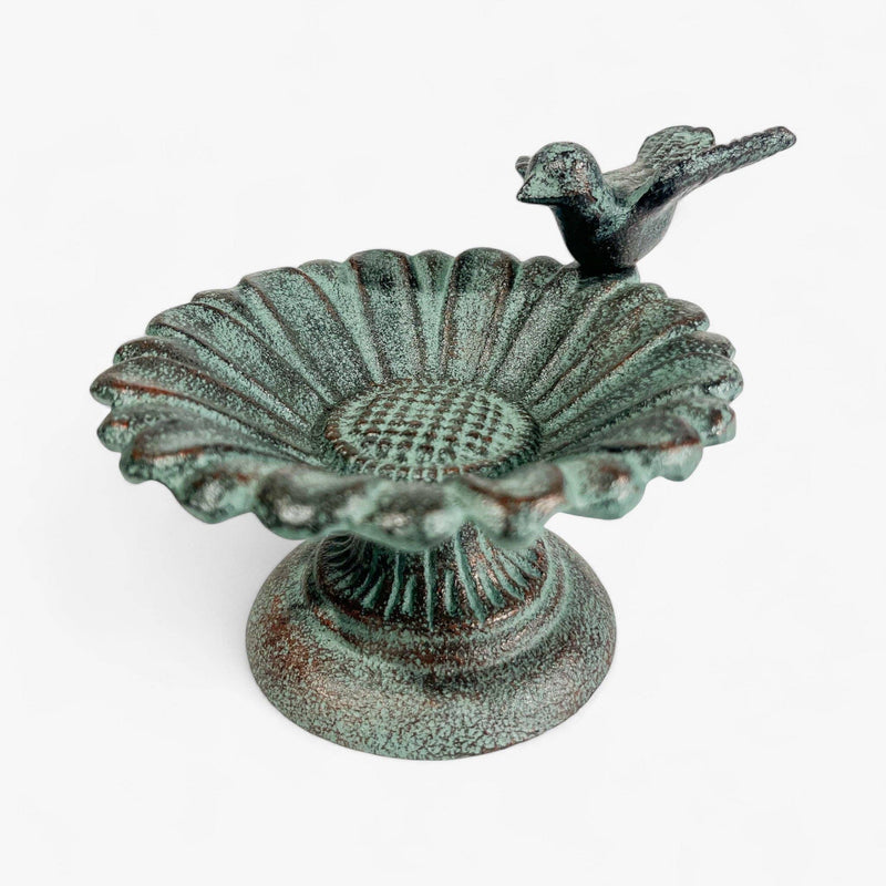 Verdigris Sunflower Bird Bath, Cast Iron Pedestal Feeder