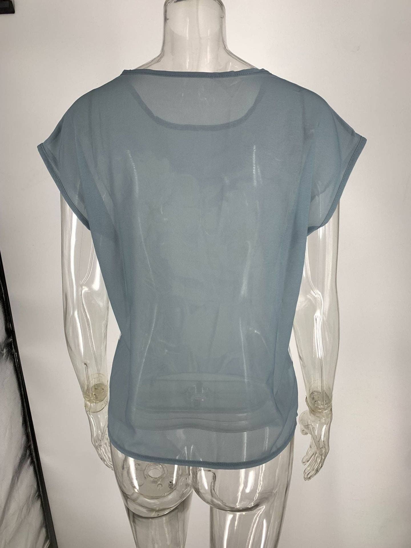 Gray Floral Print Chiffon Short Sleeve T-Shirt