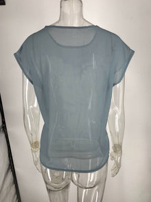 Gray Floral Print Chiffon Short Sleeve T-Shirt