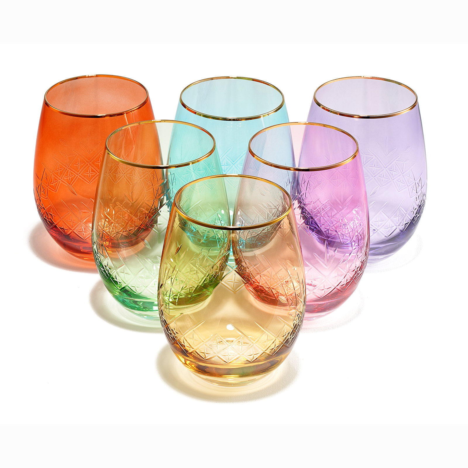 Art Deco Colored Crystal Stemless Wine Glass Set of 6, 15 oz