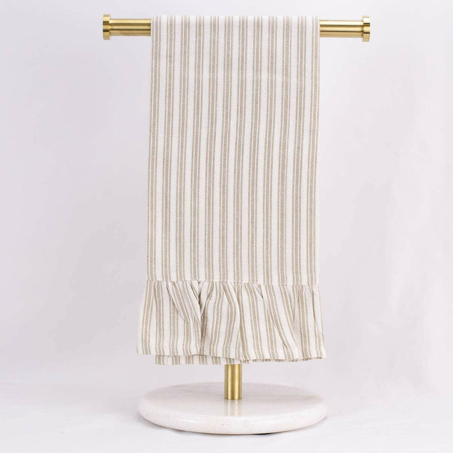 Ticking Stripe Ruffle Hand Towel   Taupe/White   20x28.