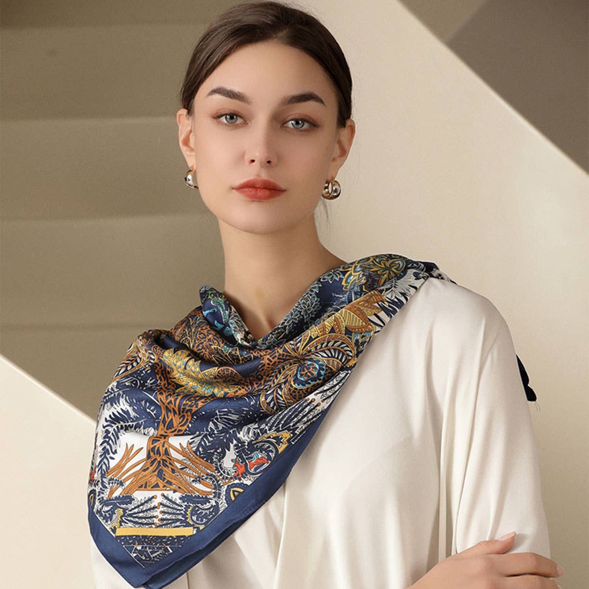 Vintage French Print Scarf – 90cm Silk Feel Square_CWASC0172