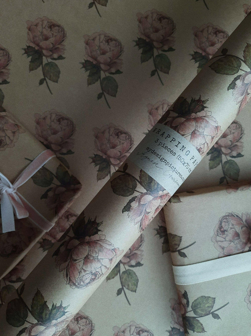 Set Of 3 Pieces Vintage Rose Kraft Wrapping Paper.