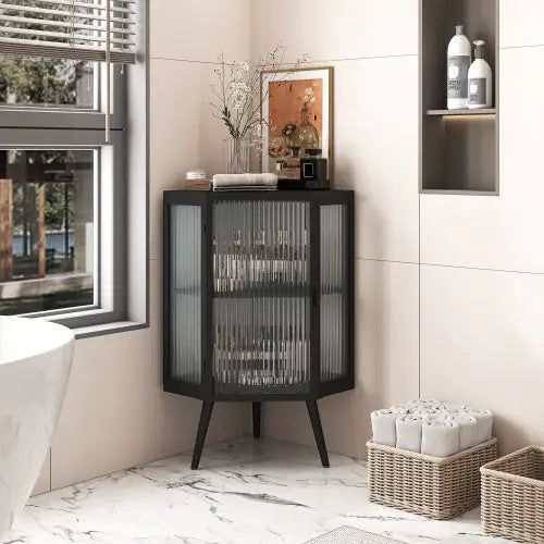 Floor Conical Cabinet With Tempered Glass Door And Storage Shelves, Suitable For Bathroom, Living Room, Bedroom Unavailable Platforms- Temu