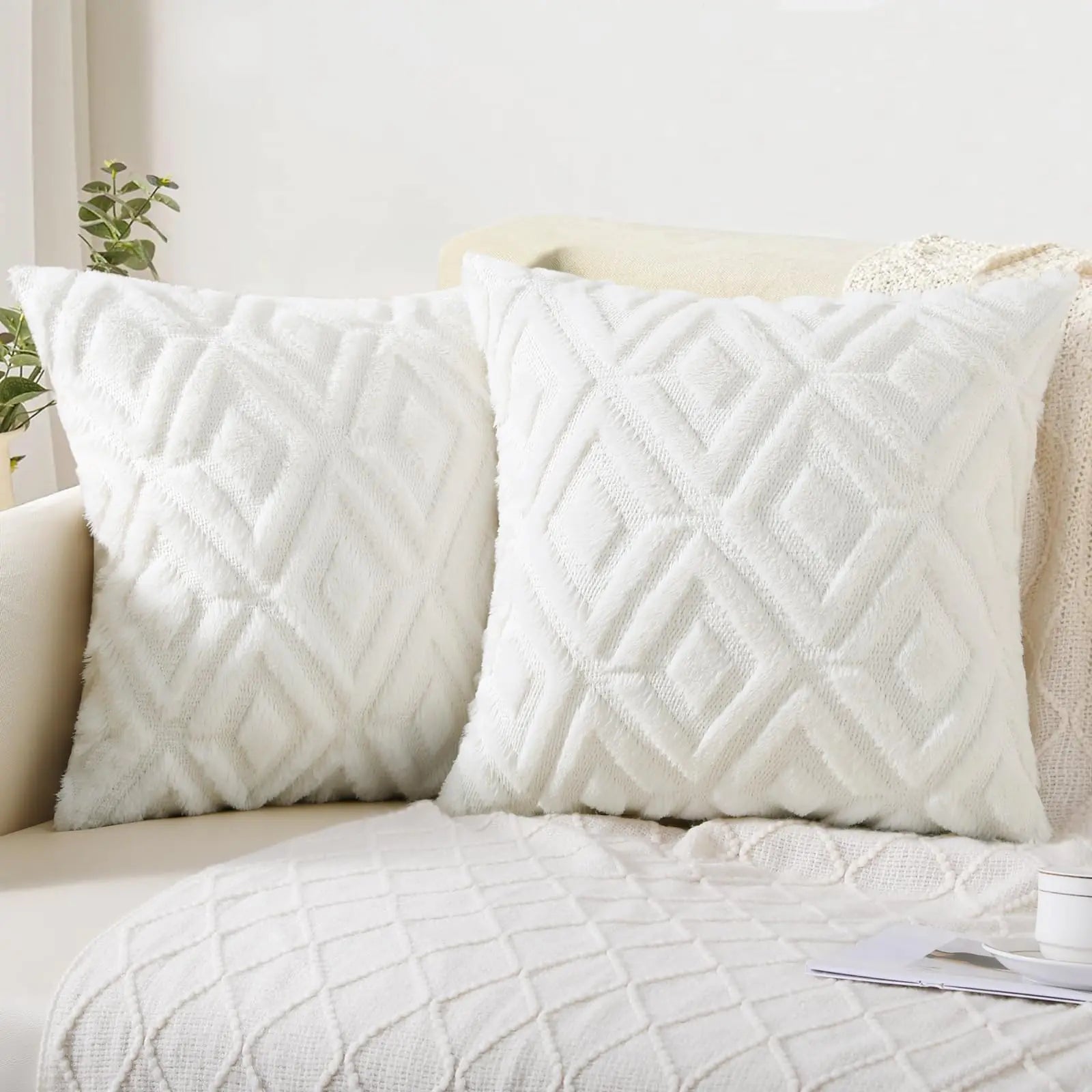 Pallene Spring Soft Faux Fur Throw Pillow Covers 20x20 Set of 2 - Plush Wool Decorative Couch Pillow Covers for Sofa Bed Living Room - with 3D Diamond Pattern - Cream White