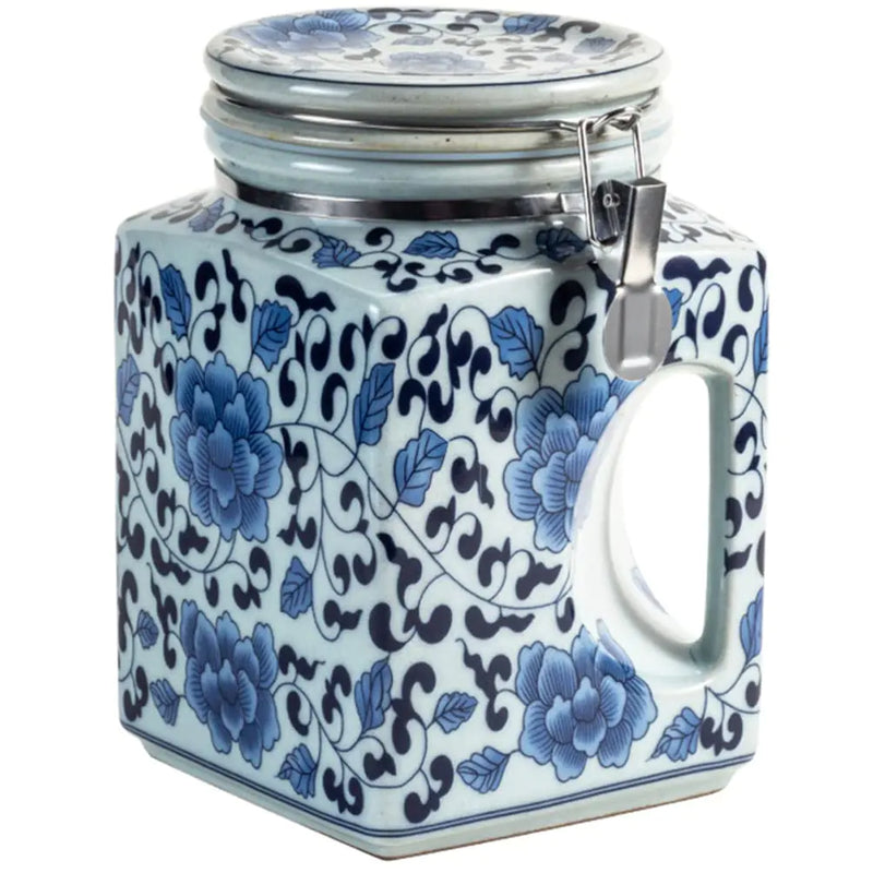 Zerodeko Ceramic Cookie Jar White and Blue Porcelain Kitchen Canister 1.5L Airtight Ceramic Tea Canister With Wooden Lid Marble Pattern Food Storage Jar For Tea Sugar Beans Coffee