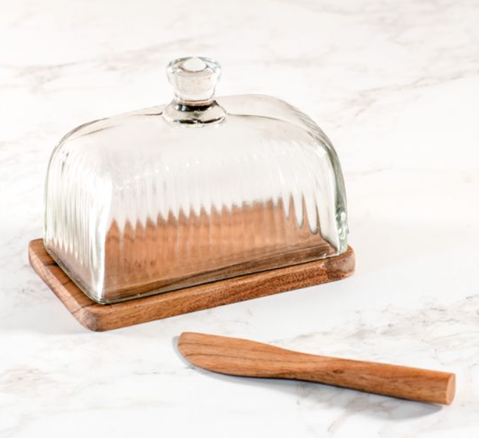 GLASS & WOOD BUTTER DISH W/ WOOD KNIFE.
