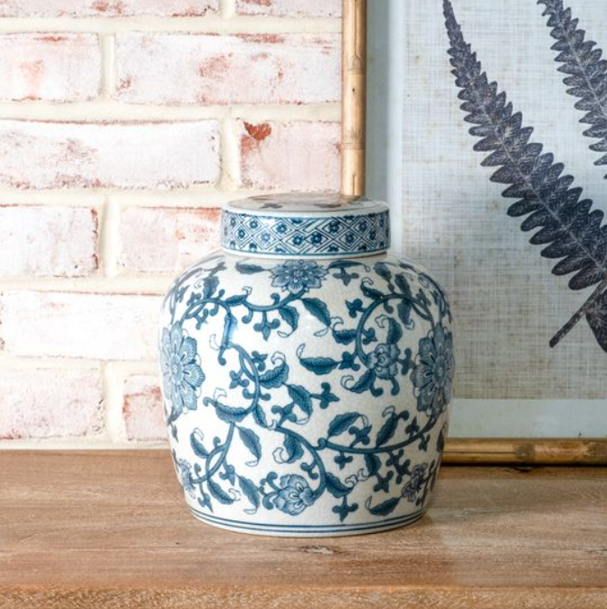 8.5" H. BLUE FLORAL GINGER JAR W/LID.
