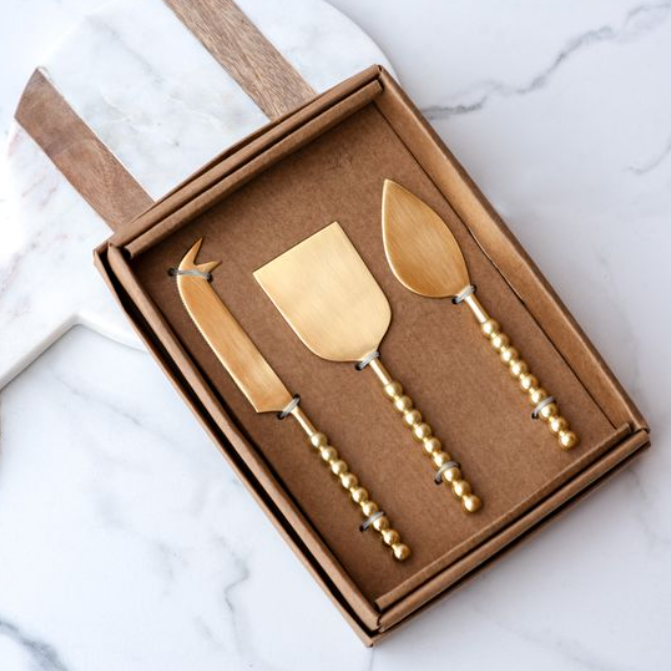 *INNER* 3 PC. GOLD BALL CHEESE KNIFE SET.