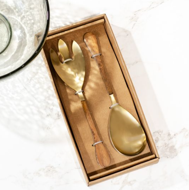 *INNER* 2 PC GOLD & WOOD SALAD SET.