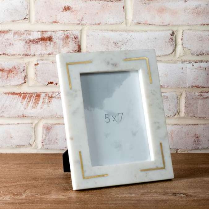 5" X 7" MARBLE FRAME W/ BRASS INLAY.