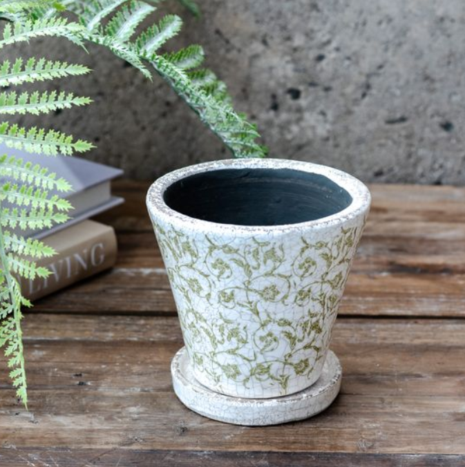 6.5"H GREEN ANTIQUE FLORAL PRINT POT.