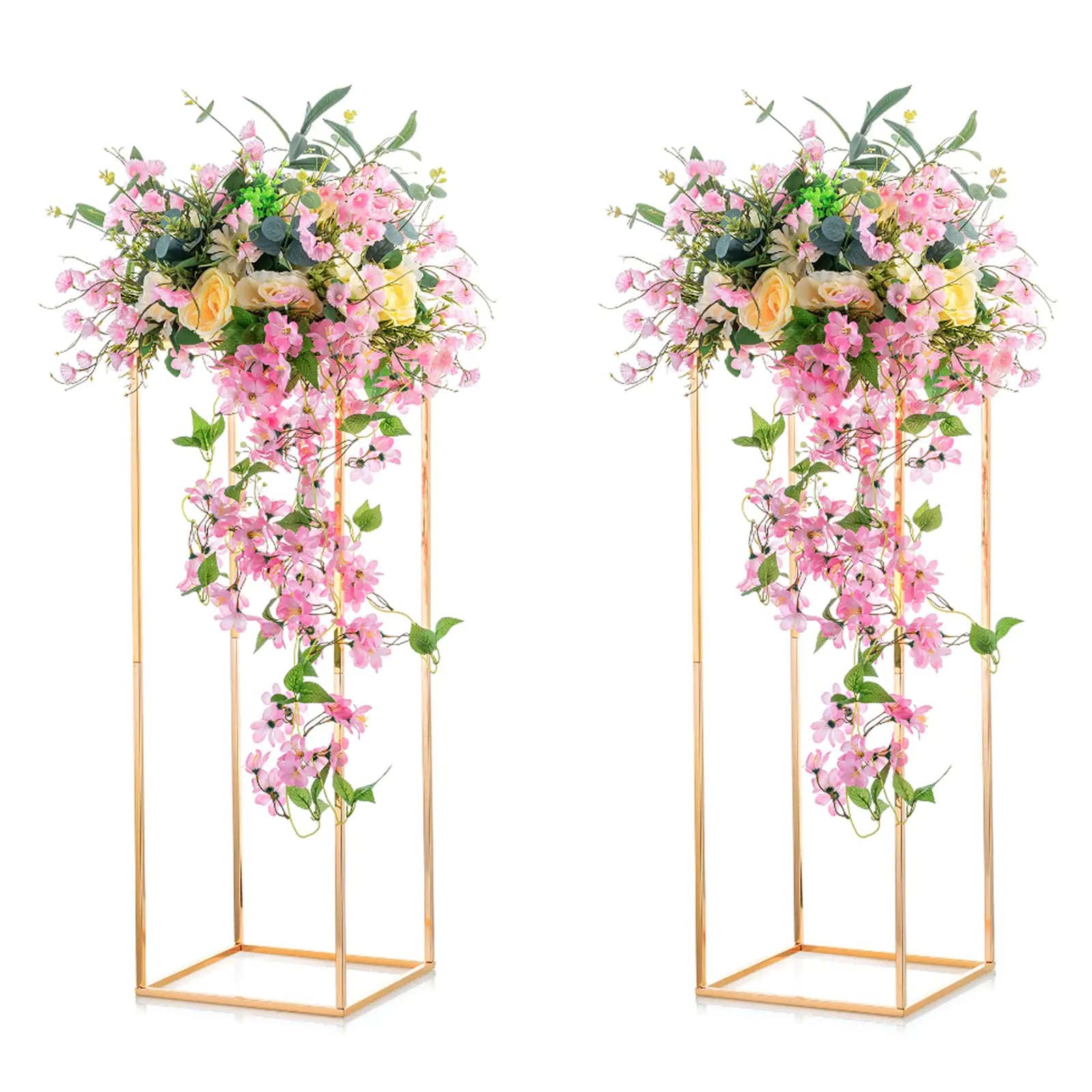 Nuptio 2 Pcs Metal Flower Floor Vase Column Flower Stand Geometric Centerpieces Vase for Tables 80cm/31.5in Tall Gold Flower Holder for Home Party Wedding Decorations Rectangular Flower Display Rack