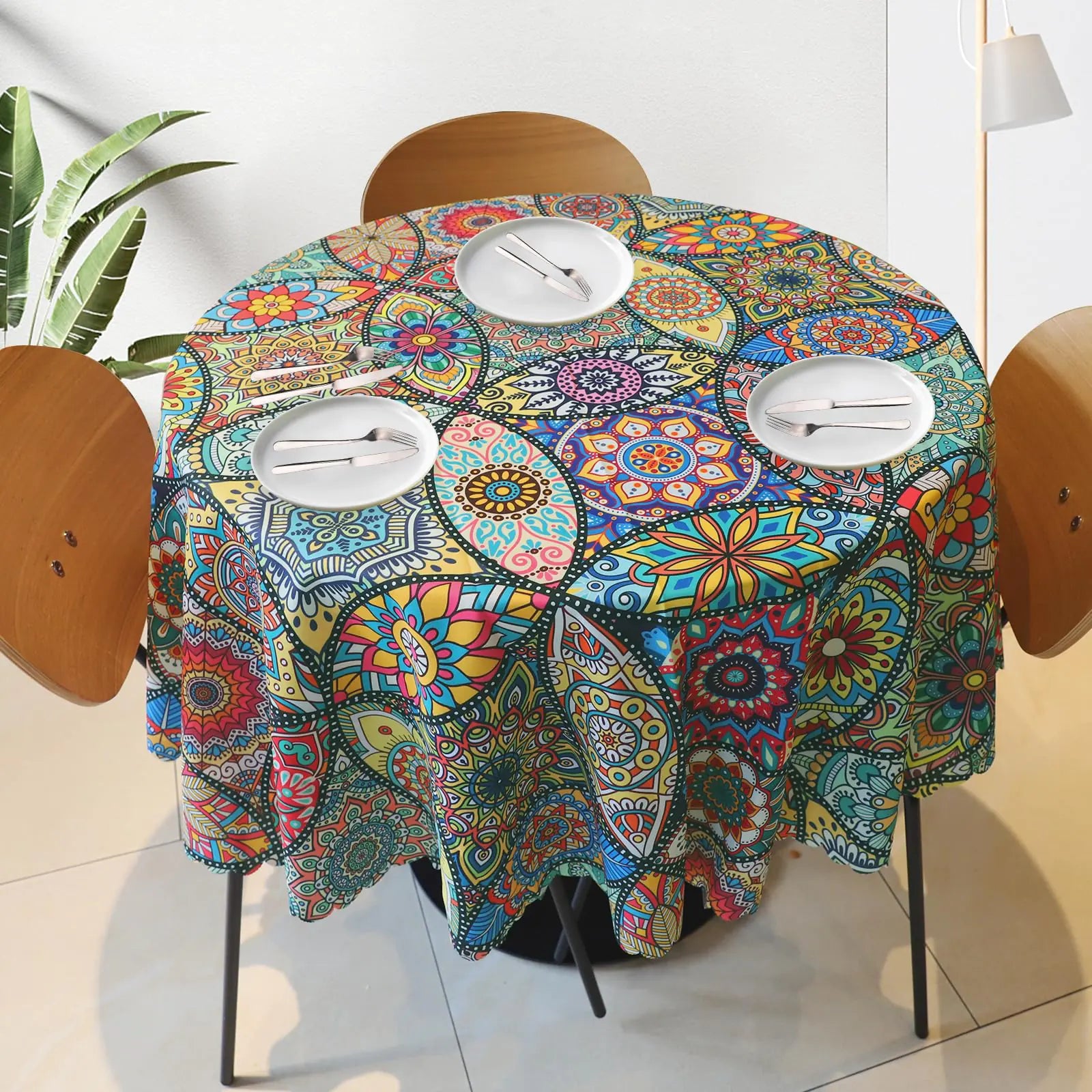 Boho Table Cloth Rectangle Table Bohemian Tablecloths Rectangular Vintage Waterproof Tablecloth Spillproof Wrinkle Free Table Cloth Table Cover Decor for Home Kitchen (Multicolor Round60 X 60")